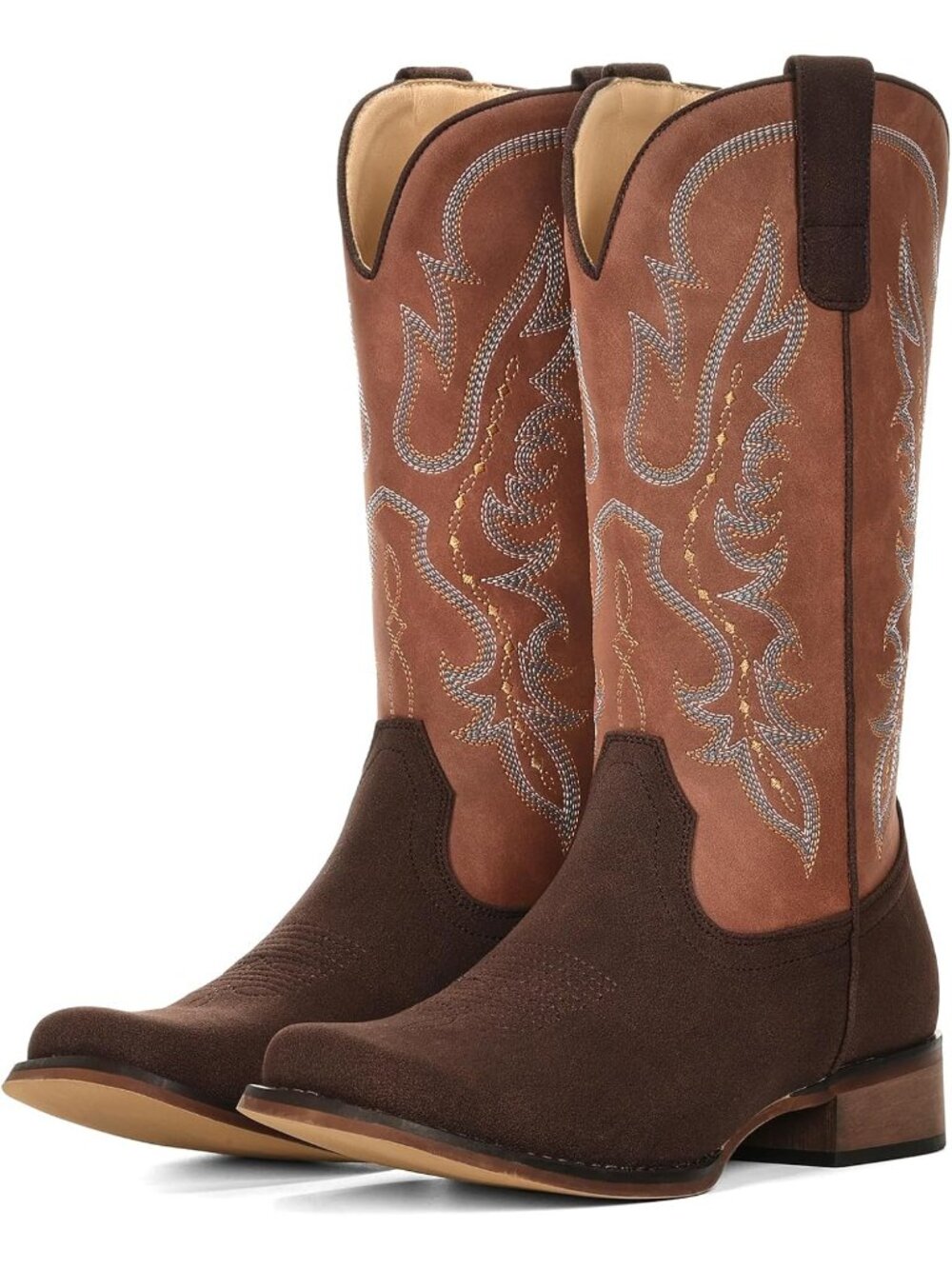 Women's Chocolate Tan Western Square Toe Mid Calf Embroidered Chunky Heel Boots - Picture 4 of 6